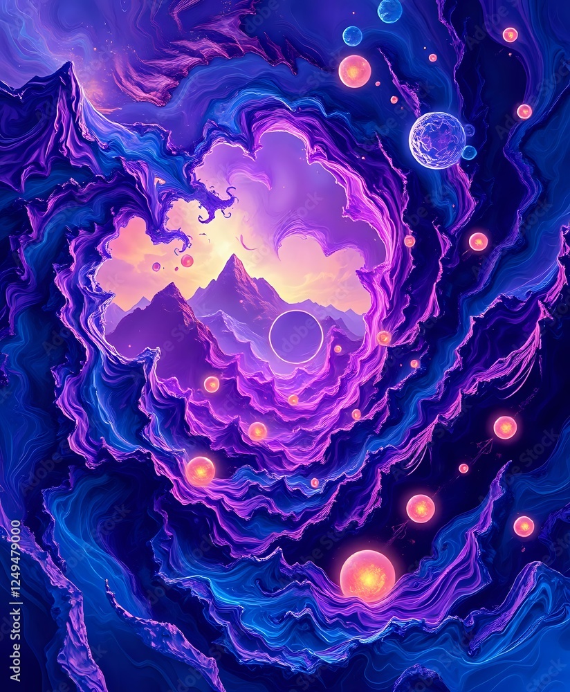 Poster cosmic purple nebula with rainbow comet and fractal patterns