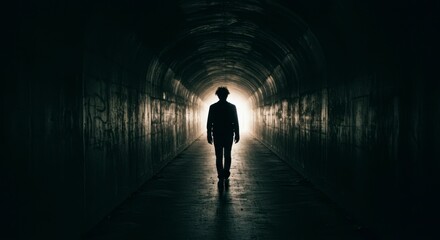 Mysterious figure walking through a dark tunnel, illuminated by light at the end, evoking intrigue