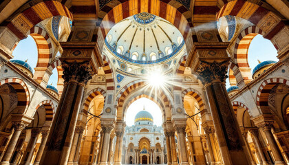 Obraz premium Mosque under sunshine picture. Ramadhan background. Eid background. Mubarak background