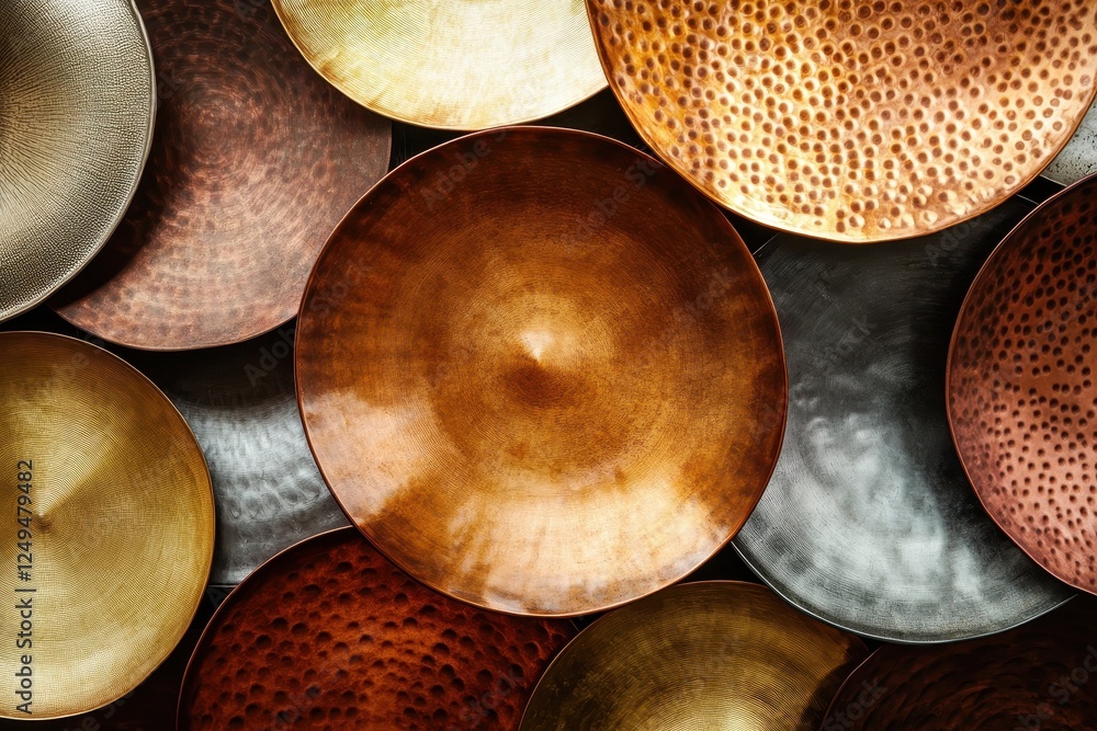 Poster various metallic circular platters layered creating an abstract background