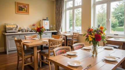 Obraz premium Cozy and Inviting Dining Area with Bright Floral Centerpieces