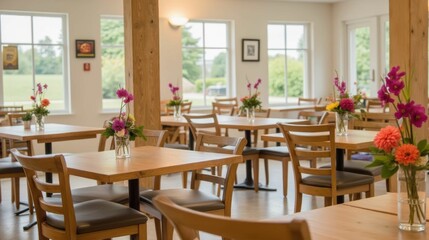 Fototapeta premium Cozy Dining Space with Elegant Floral Centerpieces and Natural Light