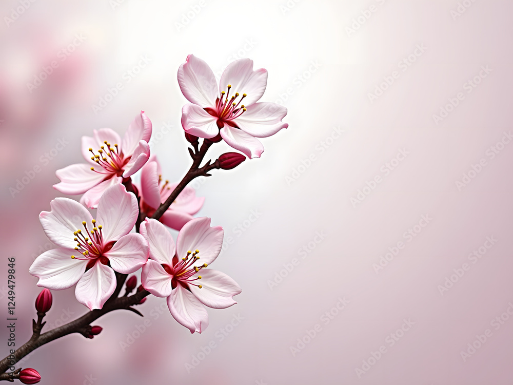 Poster a single cherry blossom branch showcases delicate pink flowers against a soft light background, perf
