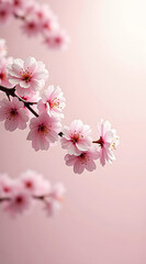 Fototapeta premium A single cherry blossom branch showcases delicate pink flowers against a soft light background, creating a serene and elegant atmosphere with ample space for design elements
