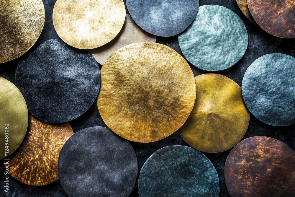 Poster assorted textured metallic discs arranged in overlapping patterns create depth