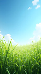 Fototapeta premium Crisp dewy spring grass under a clear blue sky conveys a clean and spacious feel, inviting tranquility and freshness in the serene natural landscape