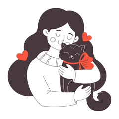 Cute happy young woman hugging a cat. Cat lover. Pet owner. Vector doodle illustration, hand drawn design