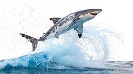 Fototapeta premium A dramatic image of a great white shark breaching the water's surface
