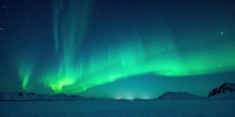Naklejka premium Celestial Display Over Frozen Landscape Vibrant Aurora Borealis Illuminates Snowy Mountains and a Serene Expanse of Ice