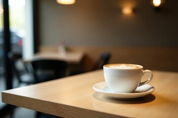 Obraz premium Aromatic Coffee Beverage in a White Cup on a Light Wooden Table in a Cafe Setting