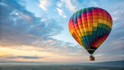 Fototapeta premium Vibrant and uplifting image of a colorful hot air balloon soaring through the sky against a backdrop of scenic clouds at sunrise.