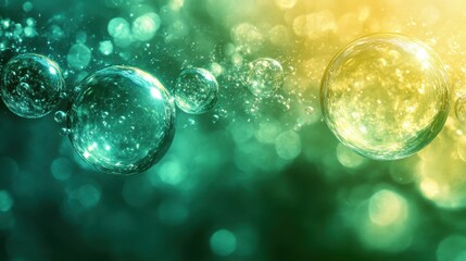 Abstract green and gold bubbles, floating, bokeh background, skincare ad