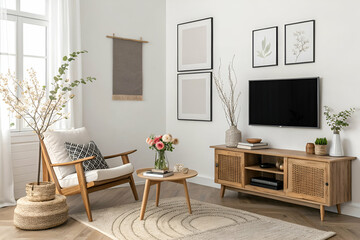 A cozy, modern living room featuring a stylish armchair, a wooden TV stand, decorative art, and fresh flowers in a serene, light-filled space.
