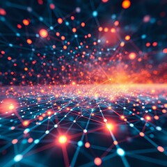 Abstract Futuristic Artwork Featuring Grid Patterns and Glowing Nodes