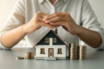A person protects a miniature house with hands, surrounded by stacks of coins, symbolizing investment and financial security in real estate.