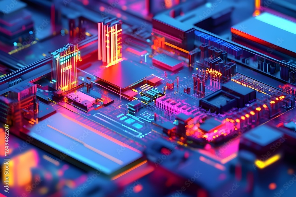 Aufkleber a vibrant, abstract close-up of a computer circuit board with glowing components and colorful lighti