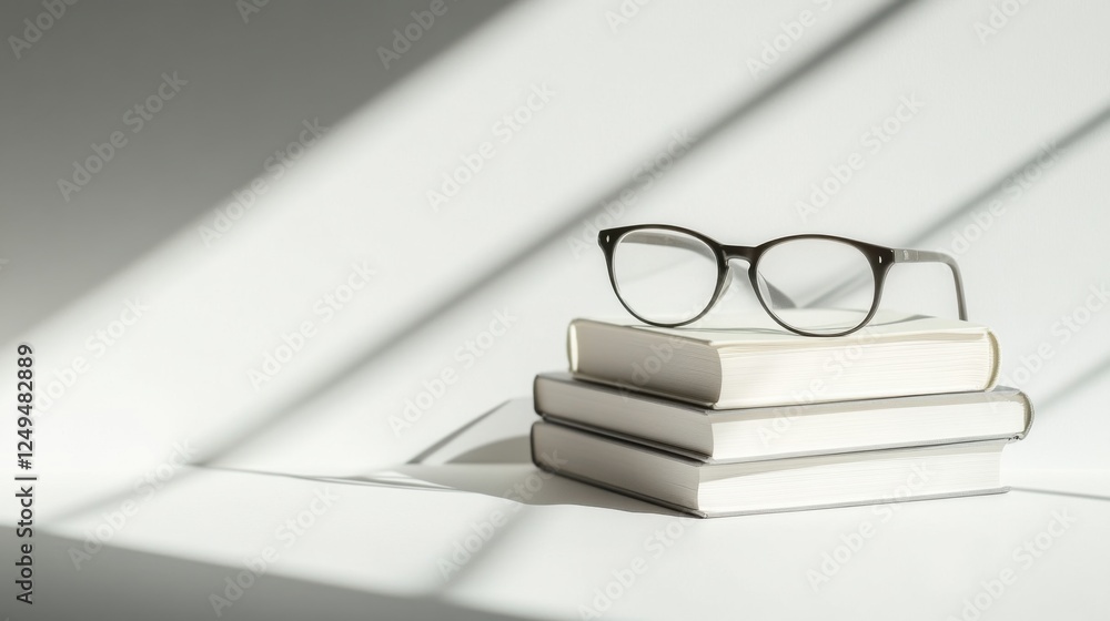 Aufkleber stylish eyeglasses resting on a stack of books with soft shadows in a minimalist setting