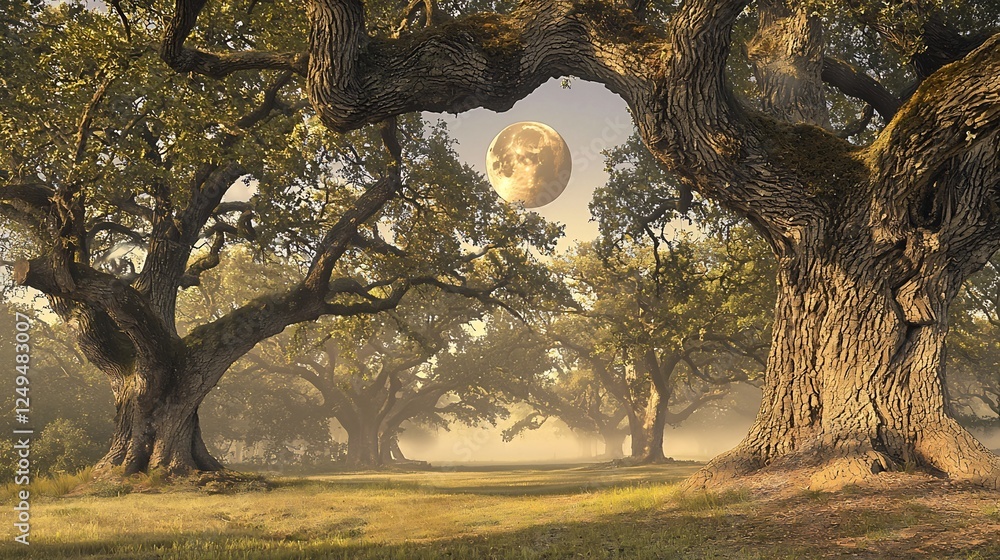 Poster magical forest with giant trees and a luminous moon casting soft light through the scene