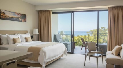 Fototapeta premium Serene Coastal Hotel Room with Scenic Ocean View and Modern Decor