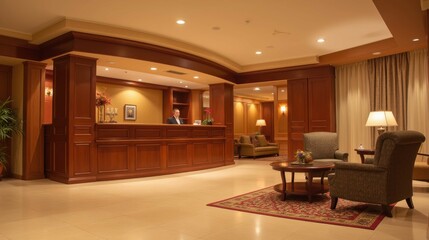 Modern Hotel Lobby with Attentive Staff and Cozy Seating Area
