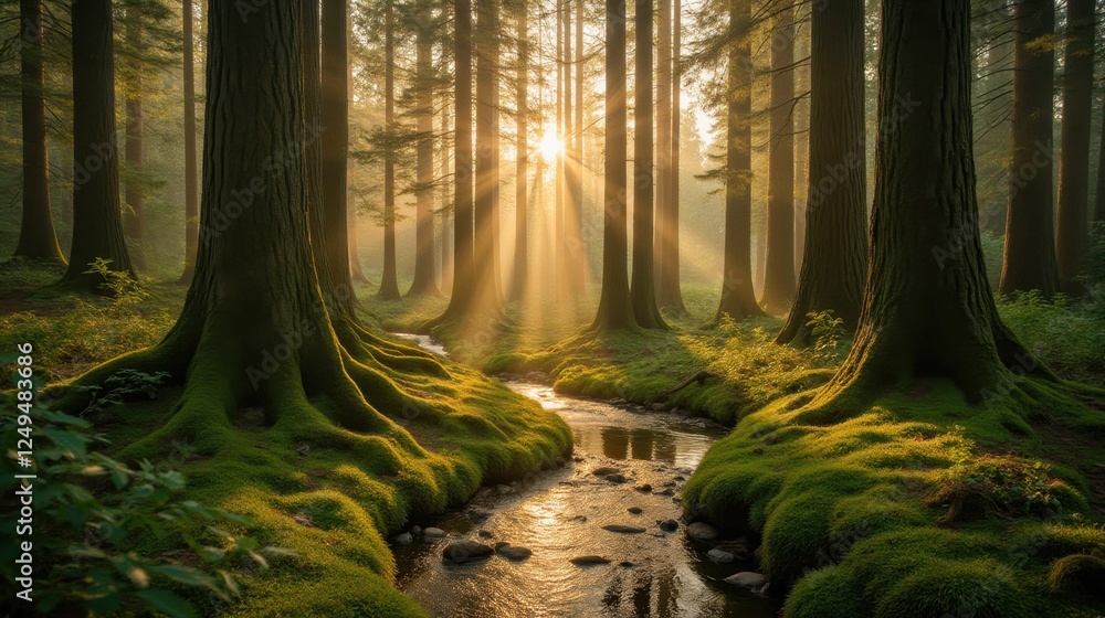 Poster serene forest scene with sunlight streaming through trees and stream