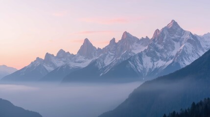 Majestic Mountain Landscape with Soft Sunrise and Misty Valley View