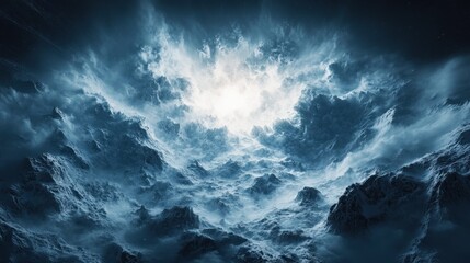 Stormy Mountain Peaks, Bright Light Above, Fantasy Landscape, Game Background