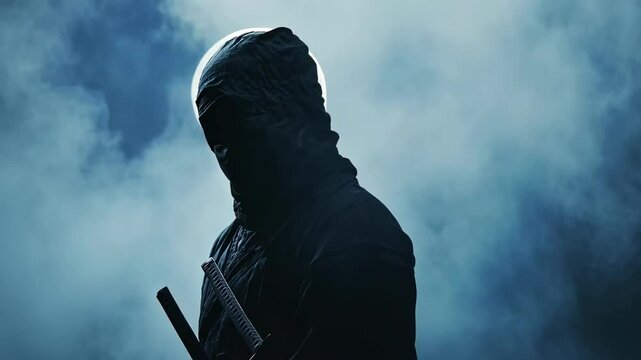 Mysterious ninja warrior standing under full moon, foggy night atmosphere, stealth and martial arts concept.	
