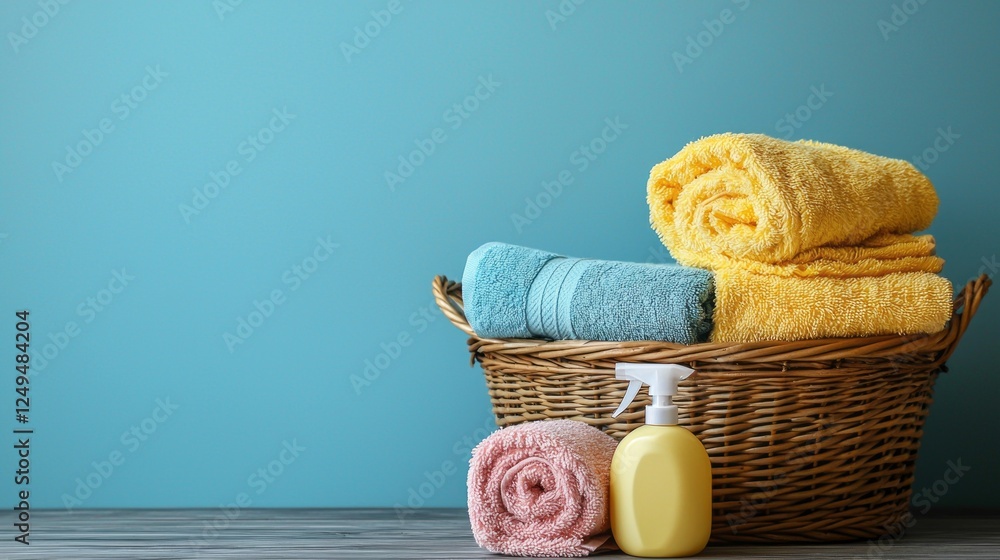 Poster a wicker basket holds neatly folded towels in bright colors, accompanied by a bottle of detergent. t