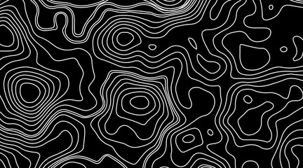 Abstract topographic contour map concept, cartography geographic terrain pattern design, topo wavy black and white mountain surface, liquid line art background