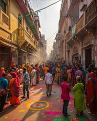 Holi festival of colors in India. Indian streets with people celebtating Holi festival. Holi powder colorful explosions
