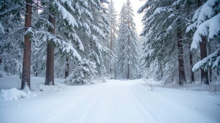 Fototapeta premium Serene Winter Landscape with Snow Covered Trees and Pathway