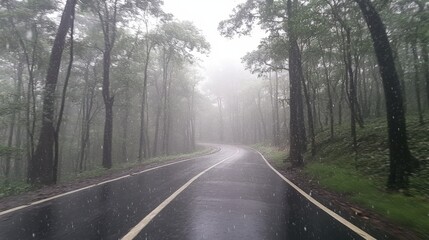 Obraz premium Foggy road in deep forest covered in fresh morning drizzle