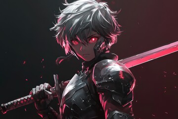Naklejka premium Anime style warrior with red eyes and sword