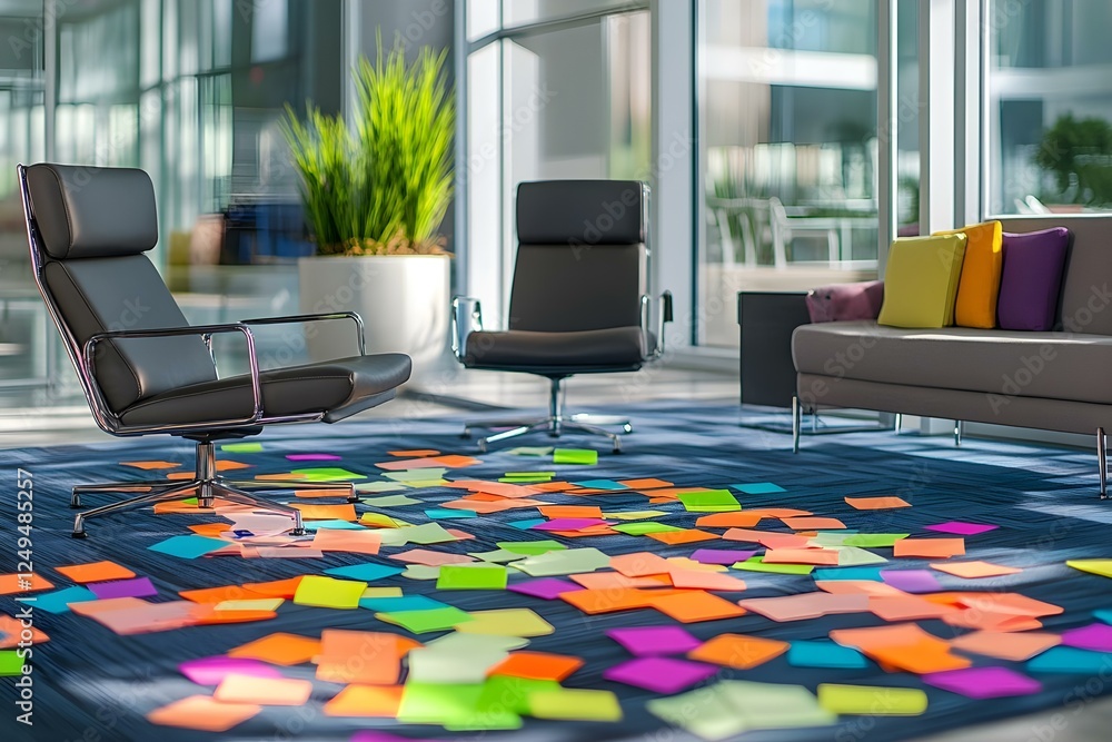 Poster a modern office space with two chairs and a couch, surrounded by a colorful array of scattered stick