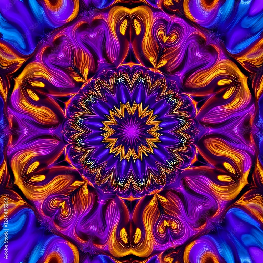 Poster vibrant circular pattern with yellow spiral - fractal expressionism art