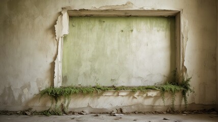 A dilapidated building's interior reveals a weathered window frame, overtaken by resilient greenery, showcasing nature's persistent reclamation of abandoned spaces.