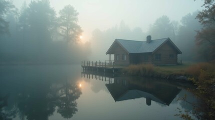 Fototapeta premium Serene Foggy Morning at a Tranquil Lakeside Cabin Retreat