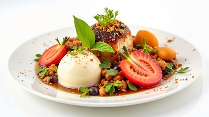 Gourmet Dessert Plate with Panna Cotta, Baked Cake, and Fresh Berries