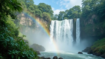 Fototapeta premium Majestic Waterfall Surrounded by Lush Greenery and Vibrant Rainbow