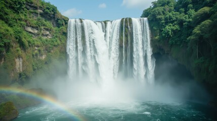 Fototapeta premium Majestic Waterfall Surrounded by Lush Greenery and Vibrant Rainbow