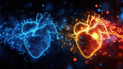 Two glowing hearts in blue and orange, symbolizing emotion and connection.