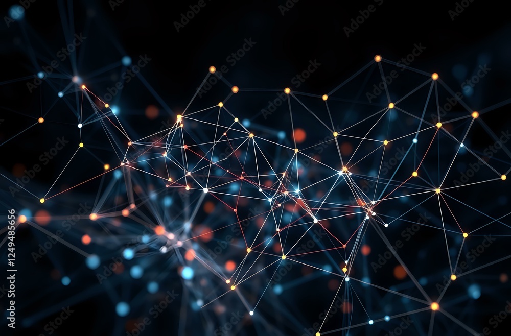 Poster Vibrant Abstract Digital Artwork: Interconnected Nodes with Flowing Patterns
