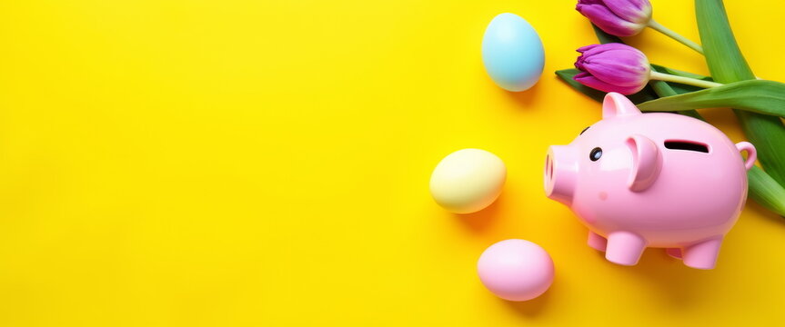 - Easter piggy bank with tulips and eggs for holiday savings blogs, spring financial planning websites, festive money management tips, and colorful seasonal decorations