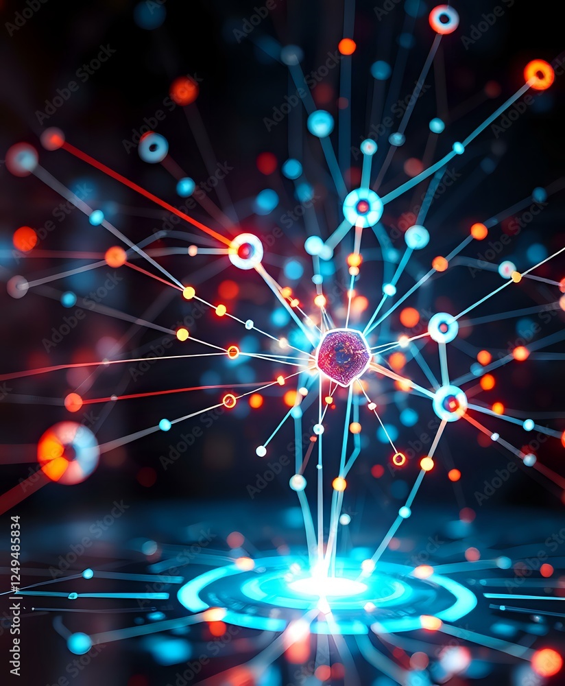 Poster glowing red sphere with glorious blue and red nodes and lines | abstract digital art