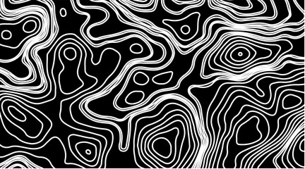Abstract topographic contour map concept, cartography geographic terrain pattern design, topo wavy black and white mountain surface, liquid line art background