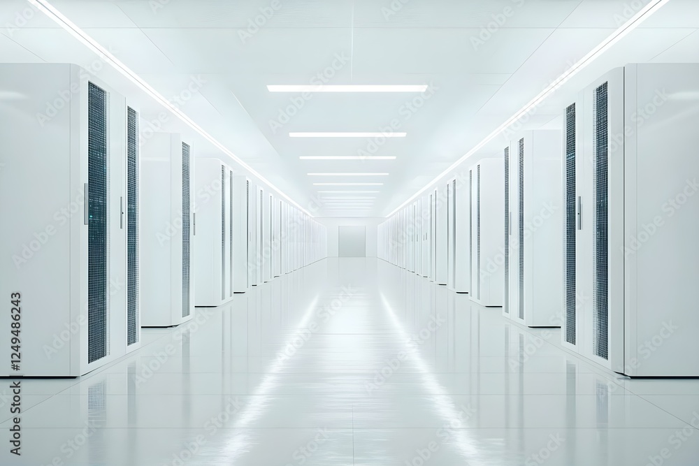 Poster a clean, white data center with rows of server racks, illuminated by bright overhead lights, conveyi