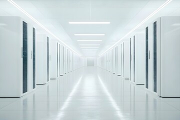 A clean, white data center with rows of server racks, illuminated by bright overhead lights, conveying a modern and organized space. Concept Data Center Design, Server Rack Organization