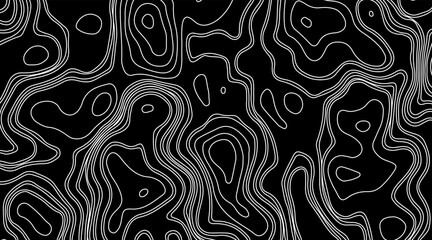 Abstract topographic contour map concept, cartography geographic terrain pattern design, topo wavy black and white mountain surface, liquid line art background