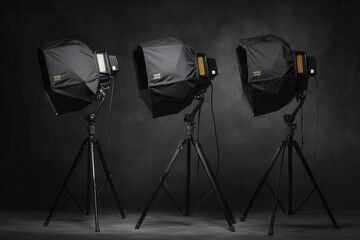 Three Professional Photography Lights with Softboxes on Tripods in a Studio Setting .